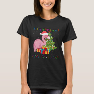 Cute Christmas Tree Lights Santa Hat Pink Flamingo T-Shirt