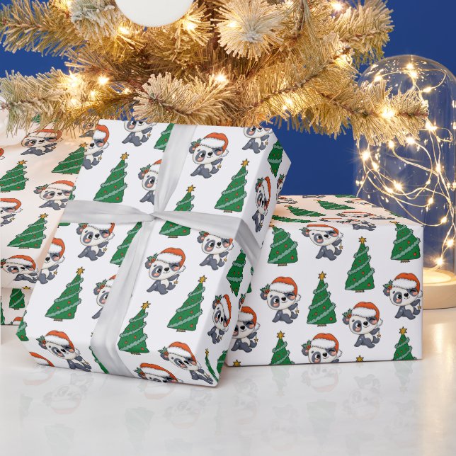 Cute Christmas Tree Panda Red Santa Hat Wrapping Paper (Holidays)