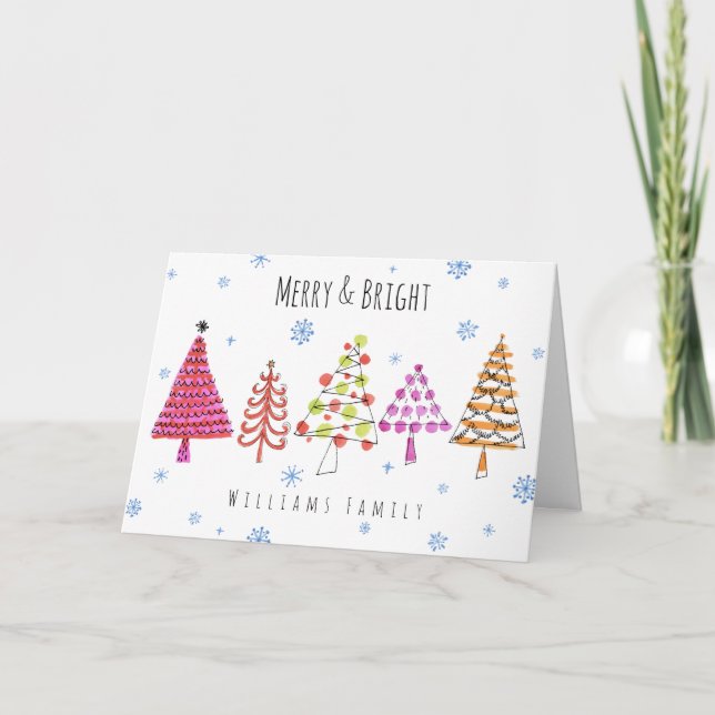 Cute Christmas Tree Pattern Merry Bright Holiday Card (Front)