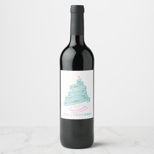 Cute Christmas Tree Pink Green Swirly  Wine Label (Front)