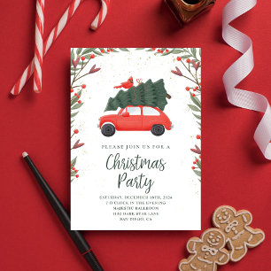 Cute Christmas Tree & Red Car Invitation