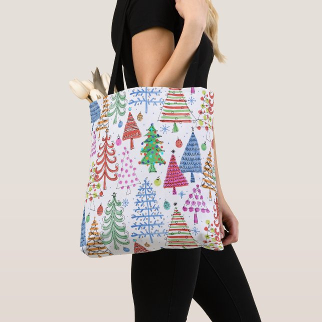Cute Christmas Tree Red Green Pink Blue Pattern Tote Bag (Close Up)