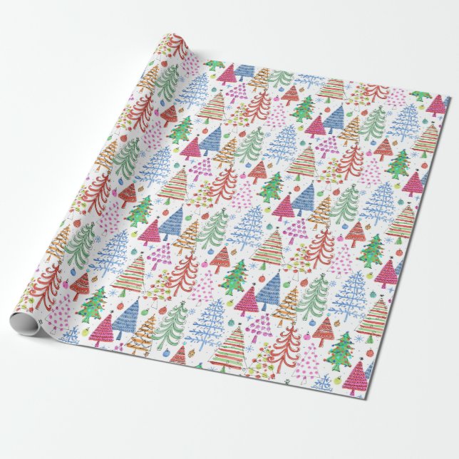 Cute Christmas Tree Red Green Pink Blue Pattern Wrapping Paper (Unrolled)