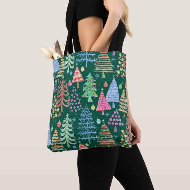 Cute Christmas Tree Red Pink Blue on Green Pattern Tote Bag (Close Up)