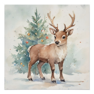 Cute Christmas tree reindeer cozy Holiday Wall Art