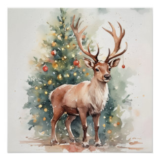 Cute Christmas tree reindeer cozy Holiday Wall Art