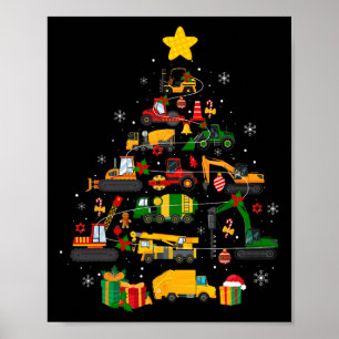 Cute Christmas Tree Santa Hat Construction Excavat Poster