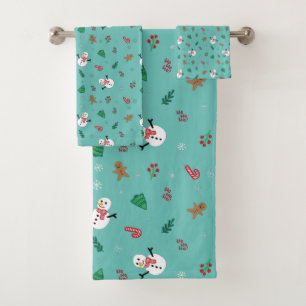 Cute Christmas Tree Snowman Candy Cane Pattern Bath Towel Set