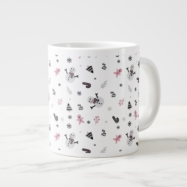 Cute Christmas Tree Snowman Candy Cane Pattern Large Coffee Mug (Front Right)