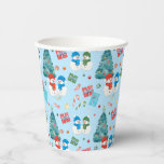 Cute Christmas Tree, Snowman, Gifts, Candy Pattern Paper Cups<br><div class="desc">Cute and adorable watercolor Christmas pattern featuring Christmas trees,  Christmas gifts in red,  blue and green colour,  watercolor snowmen in red,  blue and green caps and scarfs and various Christmas candy with a light blue background.</div>