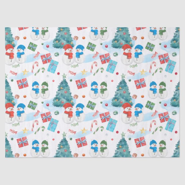 Cute Christmas Tree, Snowman, Gifts, Candy Pattern Tissue Paper (Front)
