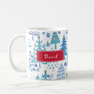 Cute Christmas Tree Teal Blue Green Pattern Name Coffee Mug