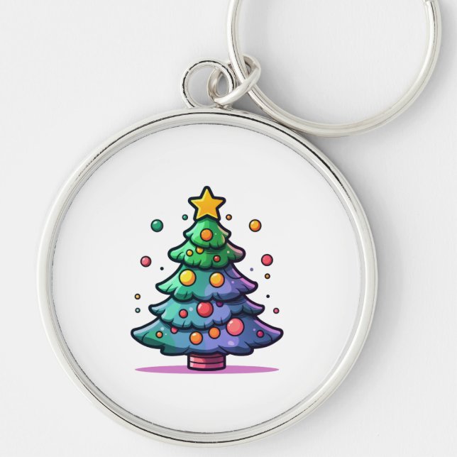 Cute Christmas Tree with Colourful Ornaments Key Ring (Front)