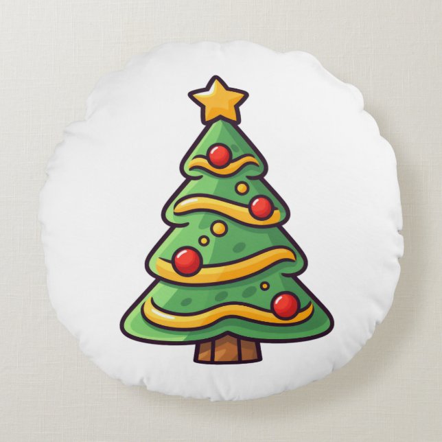 Cute Christmas Tree with Ornaments Round Cushion (Front)