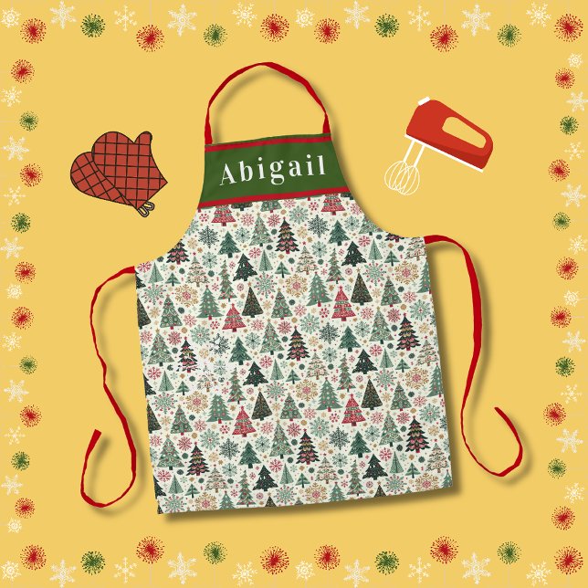 Cute Christmas Trees and Snowflakes Apron (Cute Christmas Tree Design for the Festive Season. Cook up a storm with this cute gift item!)