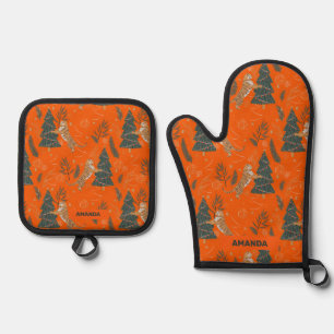 Cute Christmas Trees and Tigers Pattern Oven Mitt & Pot Holder Set