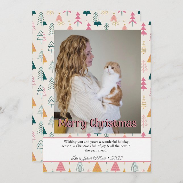 Cute Christmas Trees Blush Pink Pattern  Holiday Card (Front/Back)