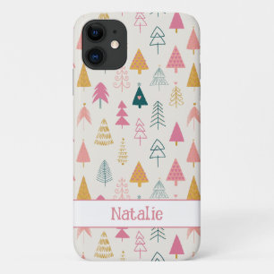 Cute Christmas Trees Blush Pink Pattern Name iPhone 11 Case