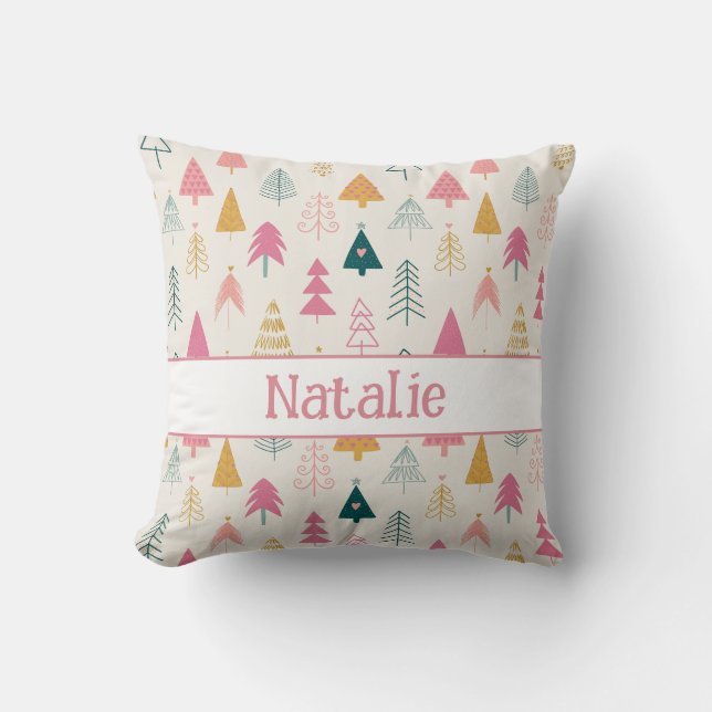 Cute Christmas Trees Blush Pink Pattern Name Cushion (Front)