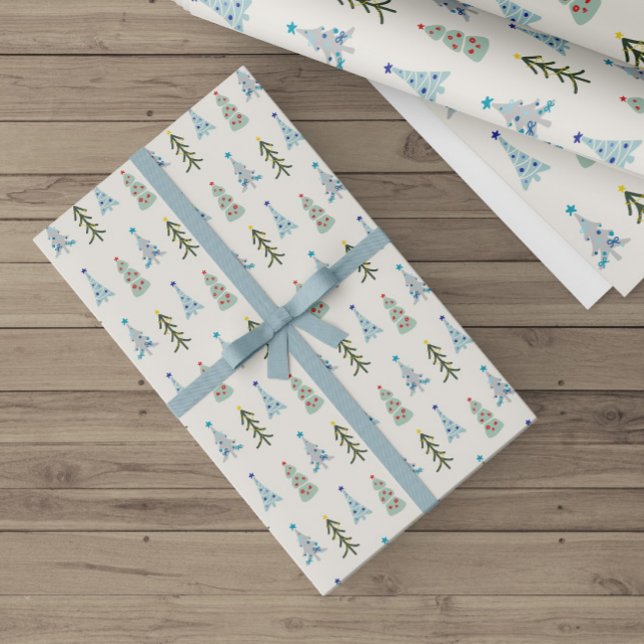 Cute Christmas trees doodle Wrapping Paper (Icy blue and green hand-drawn Scandinavian Christmas trees wrapping paper for hygge holiday decor)