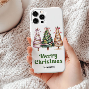 Cute Christmas trees green gold leopard personaliz iPhone 15 Mini Case