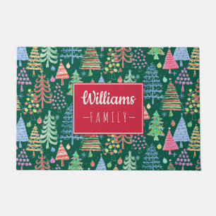 Cute Christmas Trees on Green Family Name Doormat