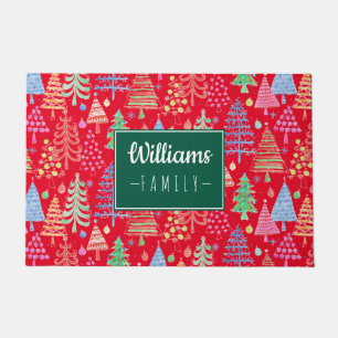 Cute Christmas Trees on Red Family Name Doormat
