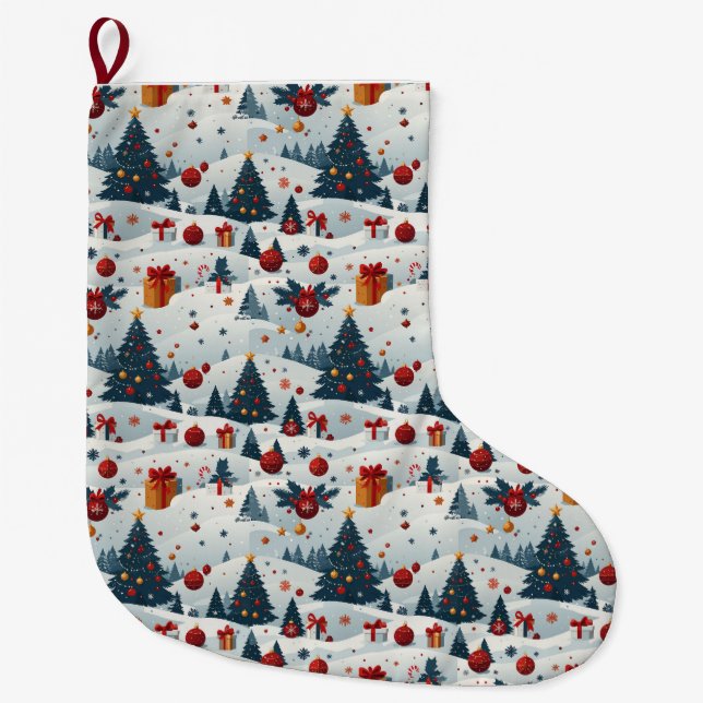 Cute Christmas Trees Pattern Wrapping Paper Large Christmas Stocking (Front)