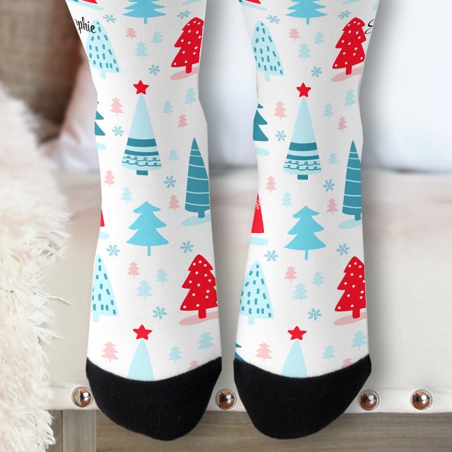 Cute Christmas Trees Personalised Name Socks (Cute Christmas trees Personalized Socks)