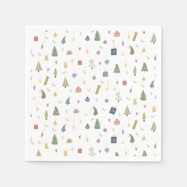 Cute Christmas Trees Presents Ornaments Pattern Napkin (Front)