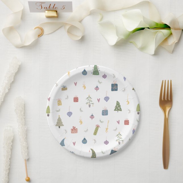 Cute Christmas Trees Presents Ornaments Pattern Paper Plate (Wedding)