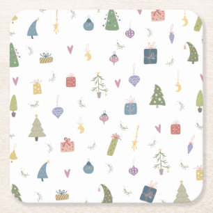 Cute Christmas Trees Presents Ornaments Pattern Square Paper Coaster