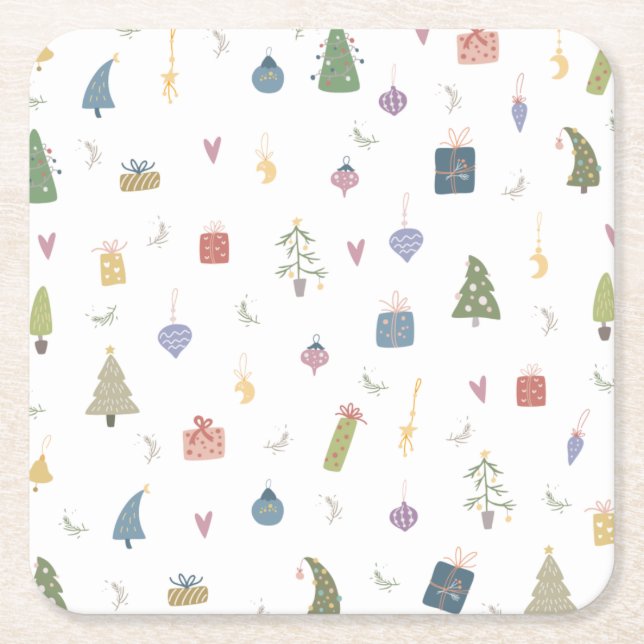 Cute Christmas Trees Presents Ornaments Pattern Square Paper Coaster (Front)
