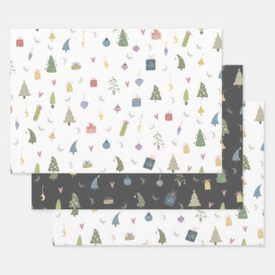 Cute Christmas Trees Presents Ornaments Pattern Wrapping Paper Sheet