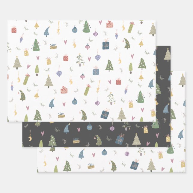 Cute Christmas Trees Presents Ornaments Pattern Wrapping Paper Sheet (Set)