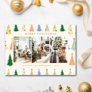 Cute Christmas Trees Red Green Boho Four Photo Holiday Card