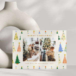 Cute Christmas Trees Red Green Boho Three Photo Holiday Card