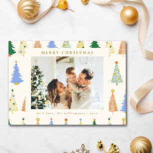 Cute Christmas Trees Red Green Boho Two Photo Holiday Card