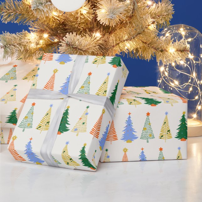 Cute Christmas Trees Red Green Boho  Wrapping Paper (Holidays)