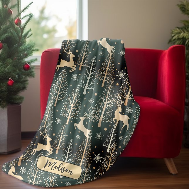 Cute Christmas trees reindeers monogram green Fleece Blanket (Creator Uploaded)