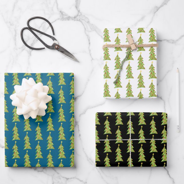 Cute Christmas Trees Retro Holiday Pattern Gift Wrapping Paper Sheet (Front)