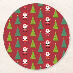 Cute Christmas Trees & Santa Claus Pattern Red Round Paper Coaster