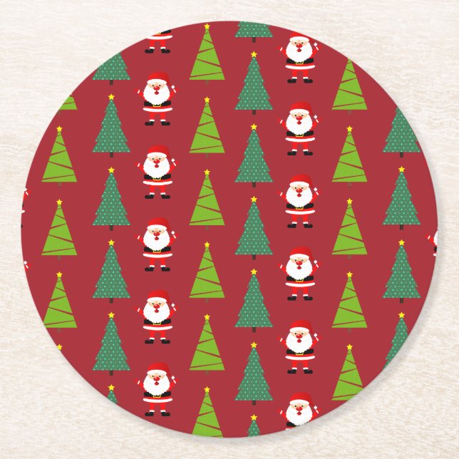 Cute Christmas Trees & Santa Claus Pattern Red Round Paper Coaster (Front)