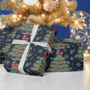 Cute Christmas Trees Snowflakes Navy Blue Wrapping Paper