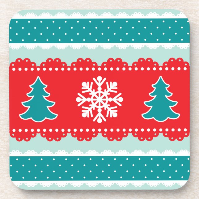 Cute Christmas Trees Snowflakes Patterned Design Coaster (Front)