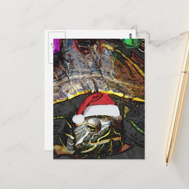 Cute Christmas Turtle Postcard (Front/Back In Situ)