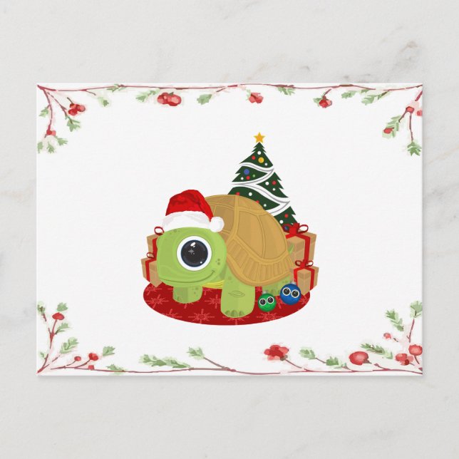 Cute Christmas Turtle with Festive Mistletoe Postcard (Front)