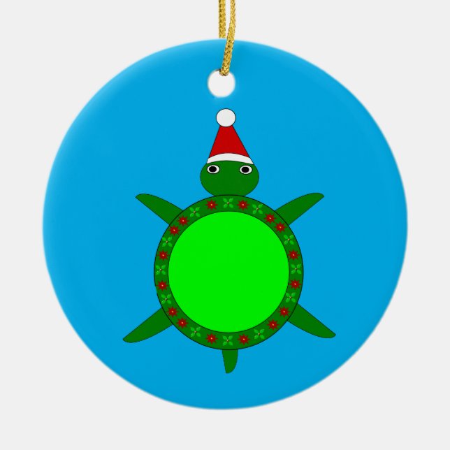 Cute Christmas Turtle with Flowery Shell Ceramic Ornament (Front)