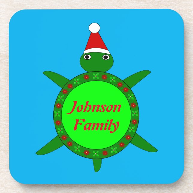 Cute Christmas Turtle with Flowery Shell Custom Coaster (Front)