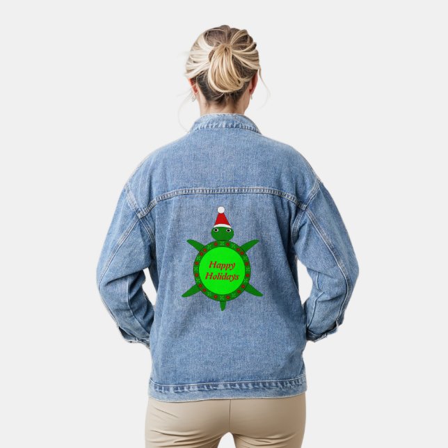 Cute Christmas Turtle with Flowery Shell Custom Denim Jacket (Model)